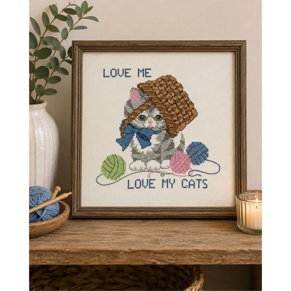 Cross Stitch Love Me Love My Cat In Yarn Basket Handmade Custom Framed Art Knit